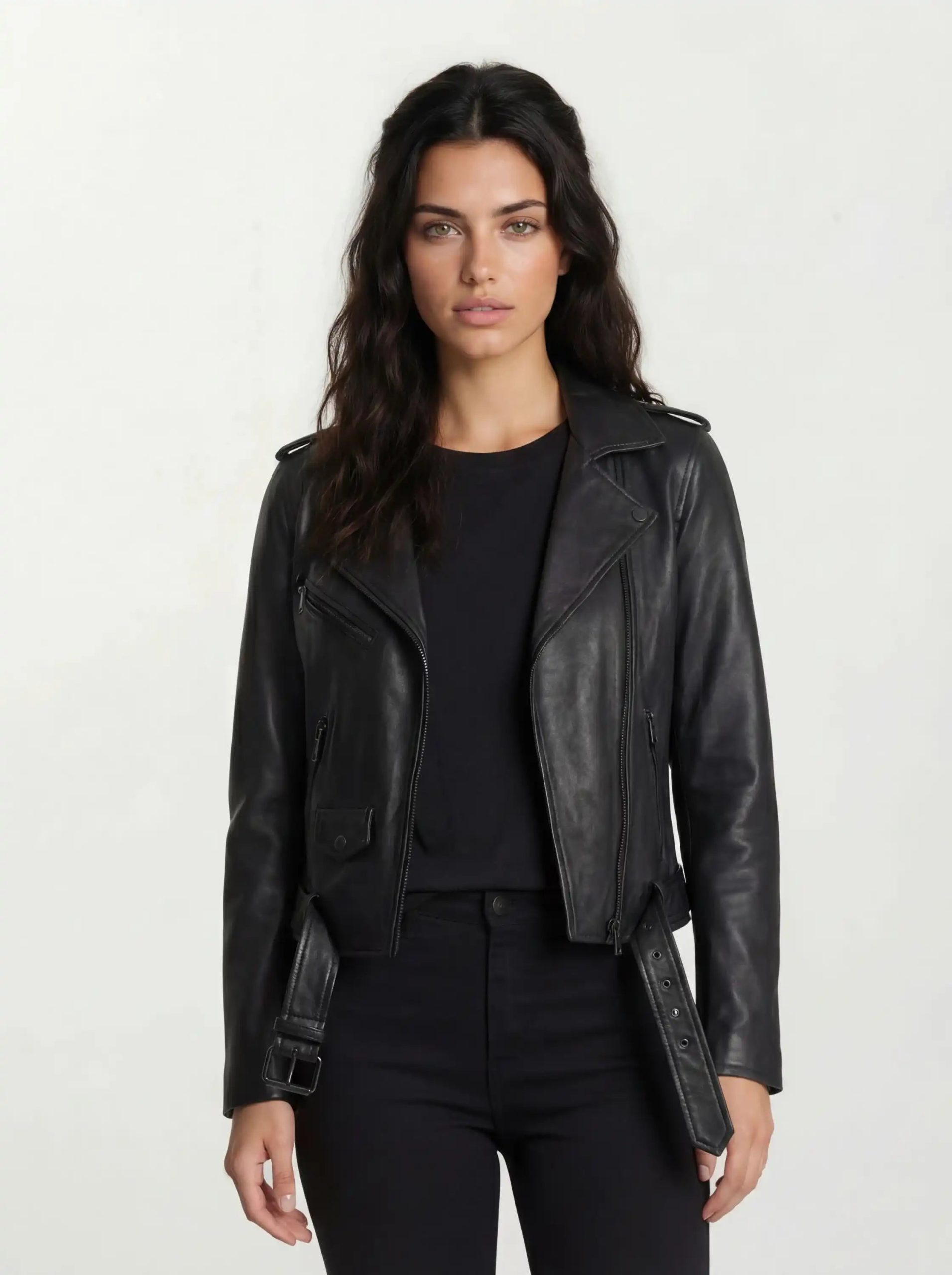 bikerjacke-damen-013ogf-1.jpg Biker Lederjacke Damen „Laura" mit Gürtel & Schulterriegeln – TRUEPRODIGY – Bild 1