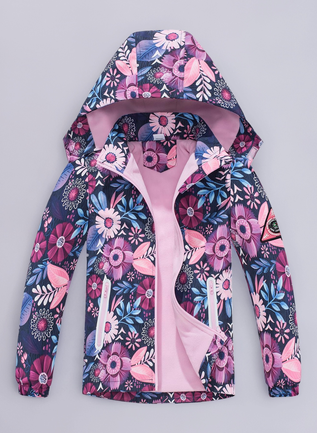 gefuetterte-regenjacke-kinder-199izt.jpg NATUST Mädchen Gefütterte Regenjacke Kinder Winddicht Übergangsjacke Jungen Warm Atmungsaktiv Softshelljacke mit Abtrennbare Kapuze 3D Blumendruck ... – Bild 1