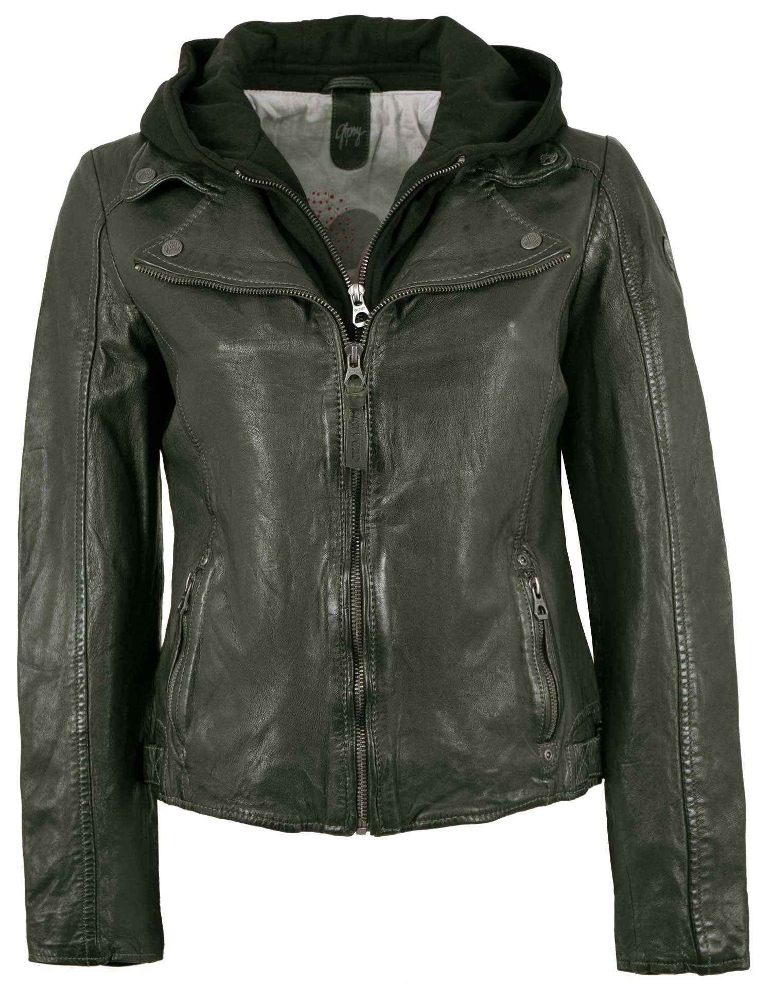 gipsy-lederjacke-damen-473vmu-1.jpg Gipsy by Mauritius Lederjacke GWYvie Gipsy Damen Lederjacke Lammnappa Kapuze dark olive – Bild 1