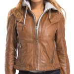 Cognacfarbene Gipsy Lederjacke mit Kapuze fur Damen