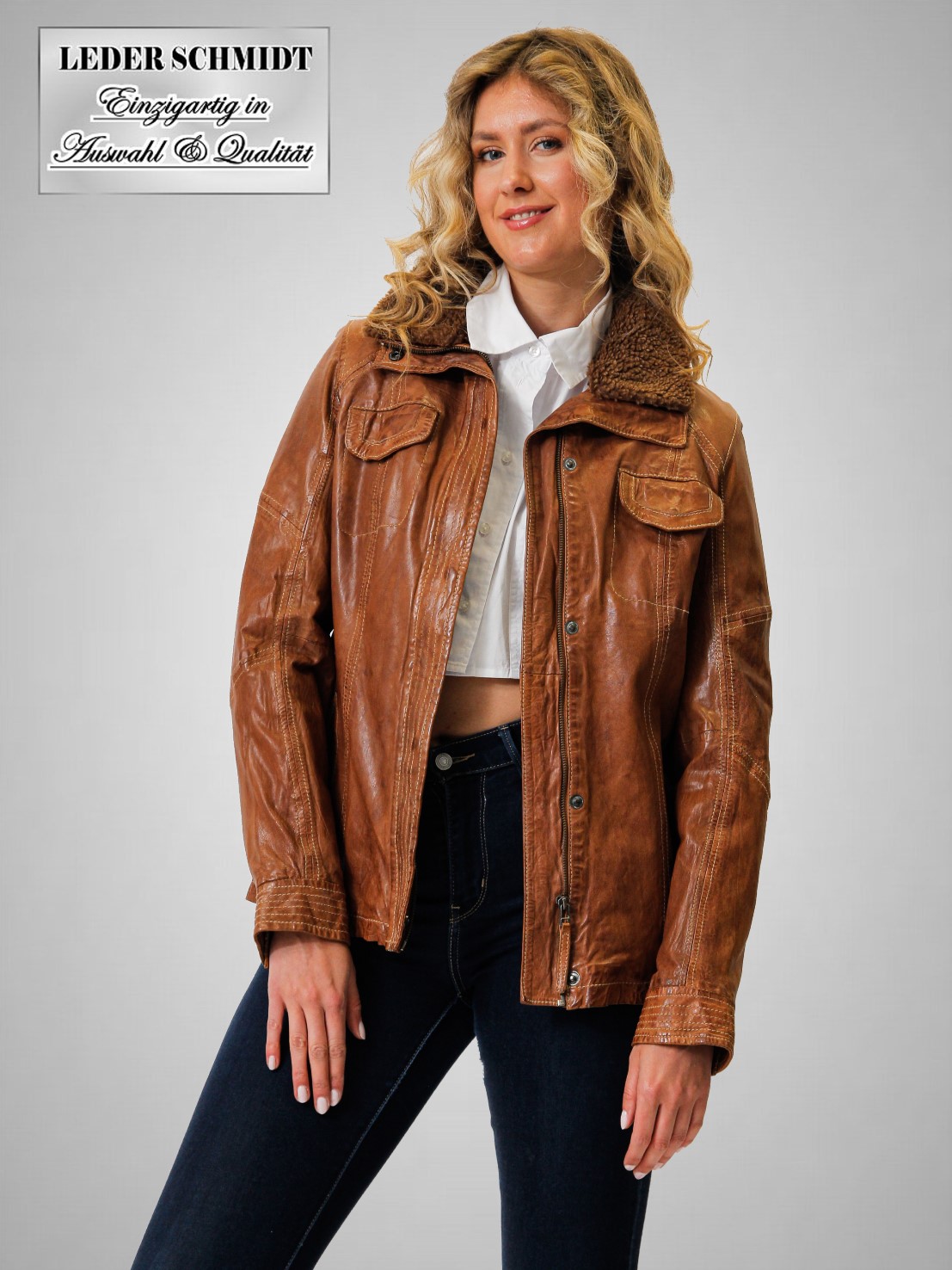 kunstlederjacke-damen-870gmf-1.jpg leder schmidt.de Damen Lederjacke sportlich mit abnehmbarem Kragen – Bild 1