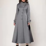 Langer Mantel aus Wollmischung mit ausgestelltem Stehkragen in A Linie elegant grau Vintage Winteroberbekleidung für Damen 2026