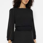 SASSYCLASSY Langarmbluse Plissée Bluse Damen mit Ballonärmeln Elegante Damen fließende Plisseebluse mit weiten Ärmeln Schwarz