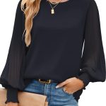 Odosalii Bluse Damen Elegant Schwarz Herbst Langarm Chiffon Oberteil | Plissee transparent Laternenärmel/Rundhals/Doppelschicht luftige ...