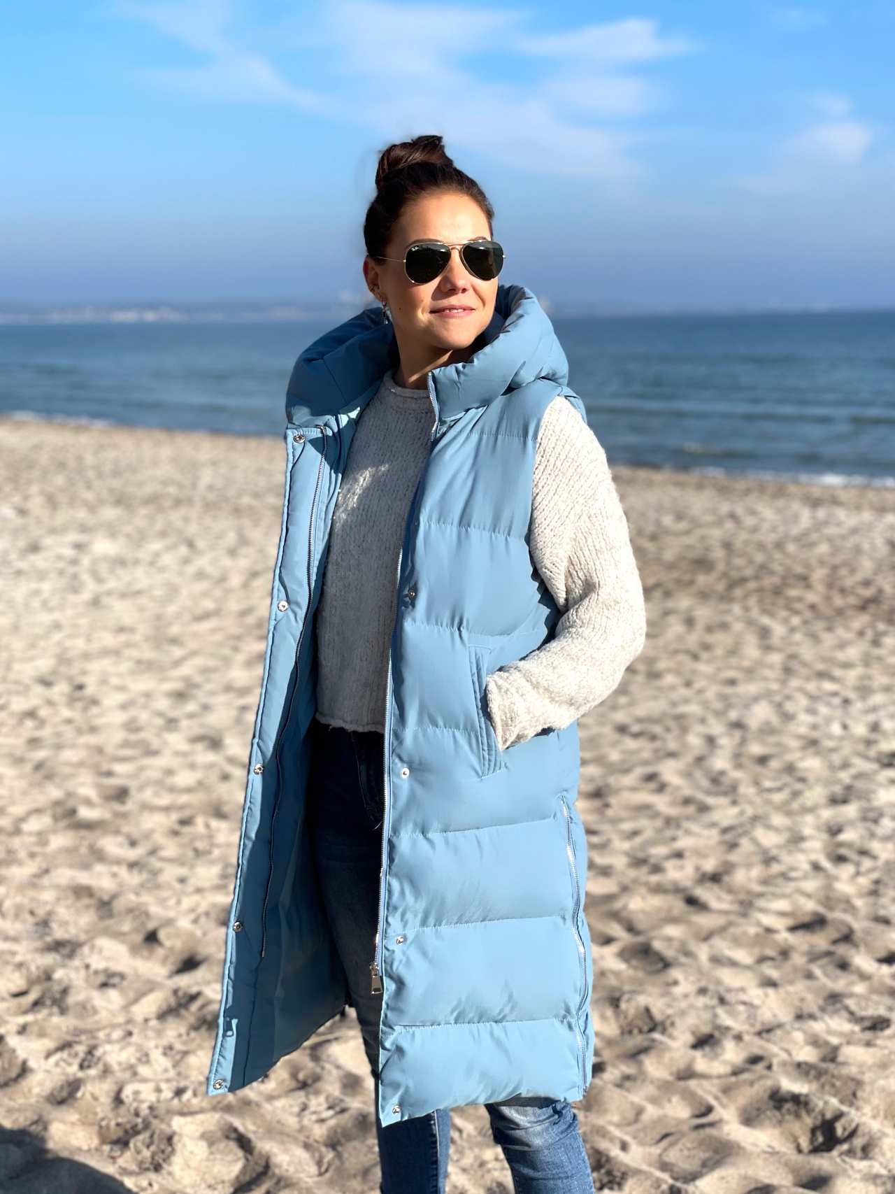steppweste-699lop-1.jpg Wattierte Steppweste lang jeansblau Größe S XL – Bild 1