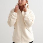 Damen Teddy Jacke Pile Fleece Mandel Weiß