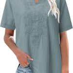 Tunika Damen Sommer Musselin Bluse Damen Kurzarm V Ausschnitt Oberteile Top Stickerei Blusentop Drucken Sommerblusen Leicht Einfarbig Baumwolle T ...