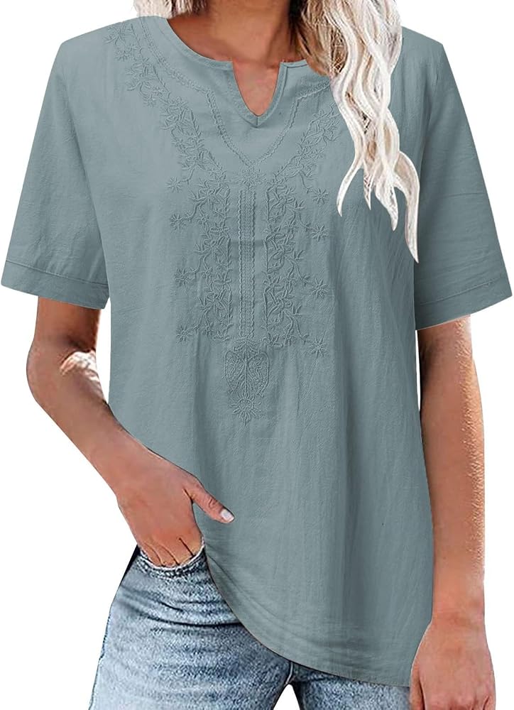 tunika-bluse-248rpz-1.jpg Tunika Damen Sommer Musselin Bluse Damen Kurzarm V Ausschnitt Oberteile Top Stickerei Blusentop Drucken Sommerblusen Leicht Einfarbig Baumwolle T ... – Bild 1