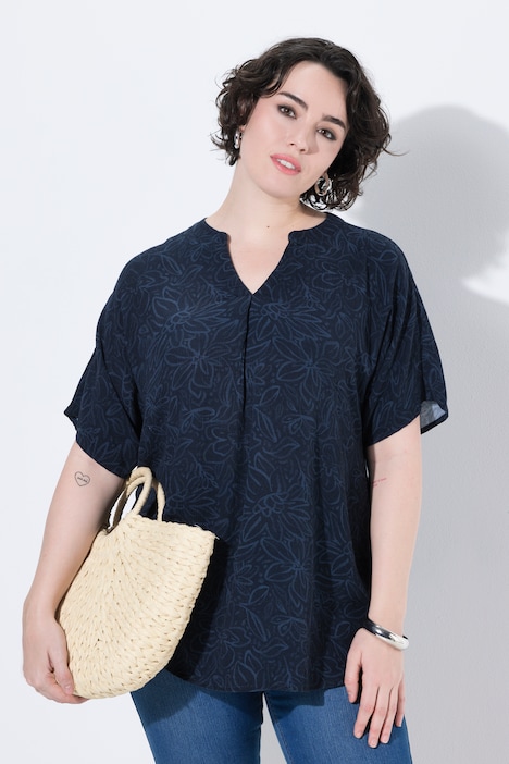 tunika-bluse-669nby-1.jpg Bluse, Blüten, A Linie, Tunika Ausschnitt, Halbarm, marine | Ulla Popken – Bild 1
