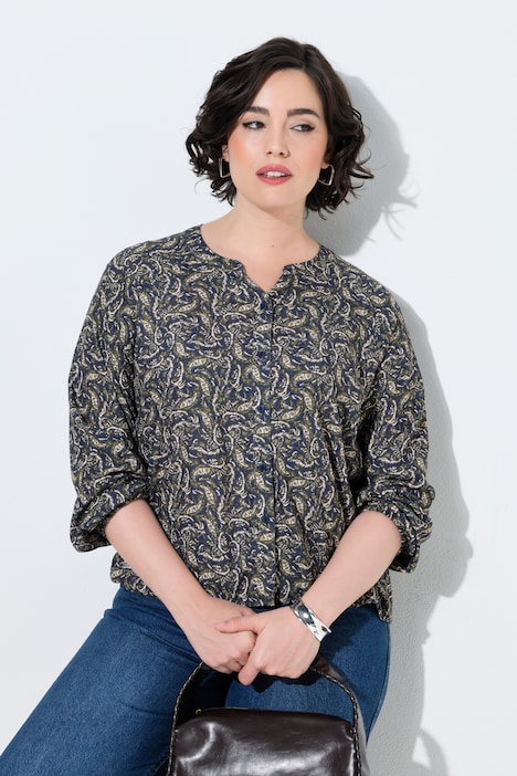 tunika-bluse-950mmd-1.jpg Bluse, Paisleymuster, Tunika Ausschnitt, Langarm, tintenblau | Ulla Popken – Bild 1