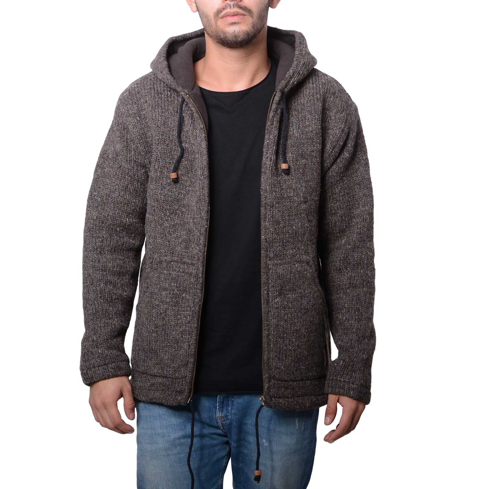 wolljacke-herren-843kca-1.jpg Herren Strickjacke Wolle Jacke mit warmen Fleecefutter und Kapuze von Kunst und Magie – Bild 1